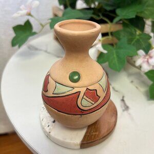 Native American Hand painted Pottery Small Vase Terracotta, Red, Cream, Green